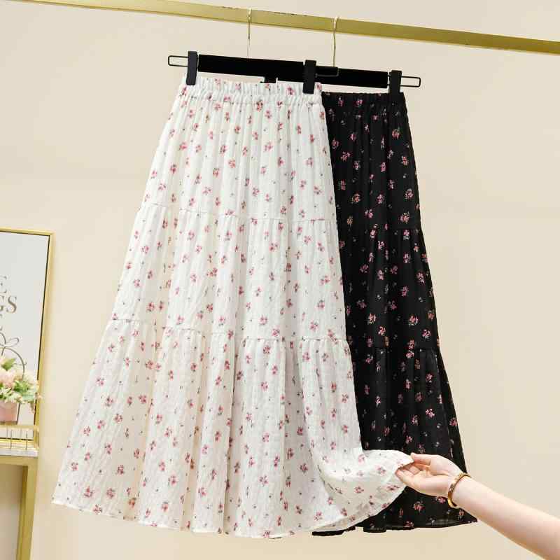 Skirts - 秋コーデ レディース ファッション 大きいサイズ ハイウエスト シフォン 花柄 薄手 スカート ミディアム アンブレラ スリム Aライン プリーツスカート