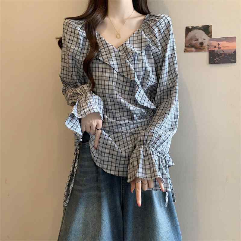 秋コーデ レディース ファッション フレンチ Vネック チェック柄 長袖 シャツ ウエスト トランペット スリーブ トップス