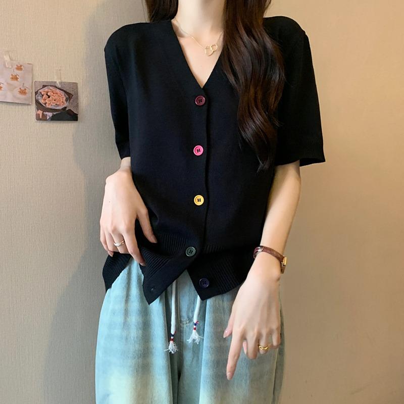 秋コーデ レディース ファッション 薄手 ニット カーディガン Tシャツ スリム Vネック 半袖 トップス