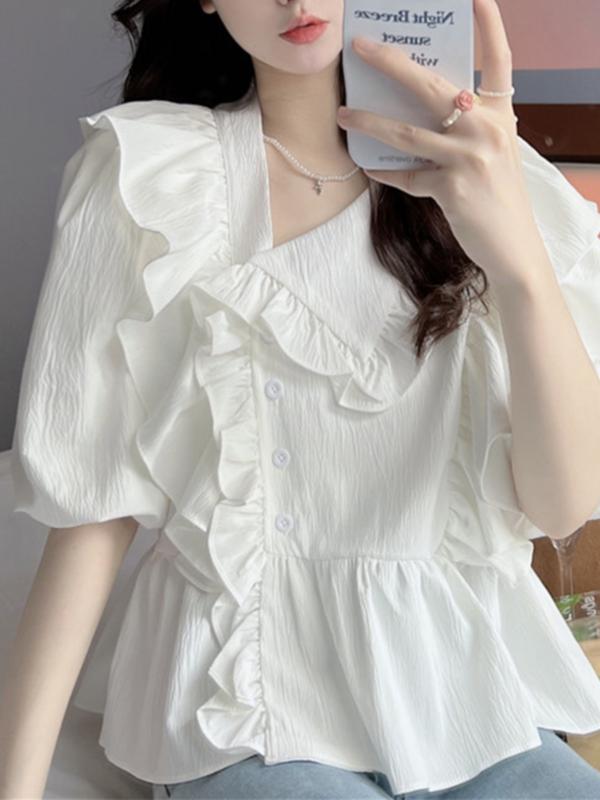 秋コーデ レディース ファッション フレンチ フリル シフォン 半袖 Tシャツ スリミング パフスリーブ トップス