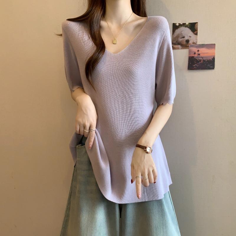 秋コーデ レディース ファッション 薄手 紫色 Vネック セーター 半袖 大きいサイズ スリミング トップス