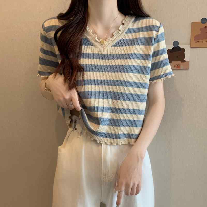 秋コーデ レディース ファッション ストライプ セーター ストレート ショルダー 半袖 Tシャツ Vネック シックス トップス