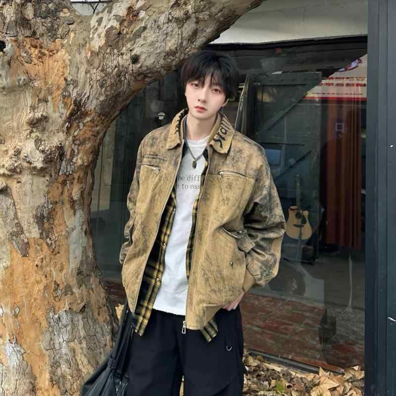 乐天商城 - メンズ ファッション 服 男性用 オシャレ シンプル 大人 かっこいい ストリート アメリカン レトロ ウォッシュ ダーティ ダイ デニムジャケット レディース コート
