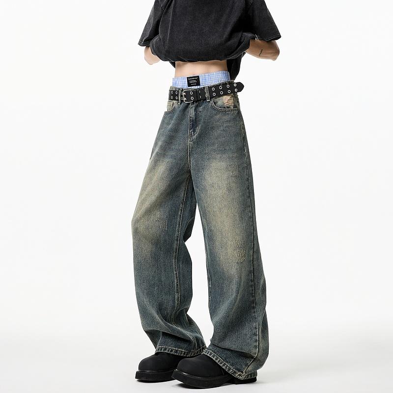 メンズ ファッション 服 男性用 オシャレ シンプル 大人 かっこいい ストリート アメリカン ウォッシュ加工 ヴィンテージ ブルー ジーンズ ストリート クリーン フィット ストレート パンツ(4)