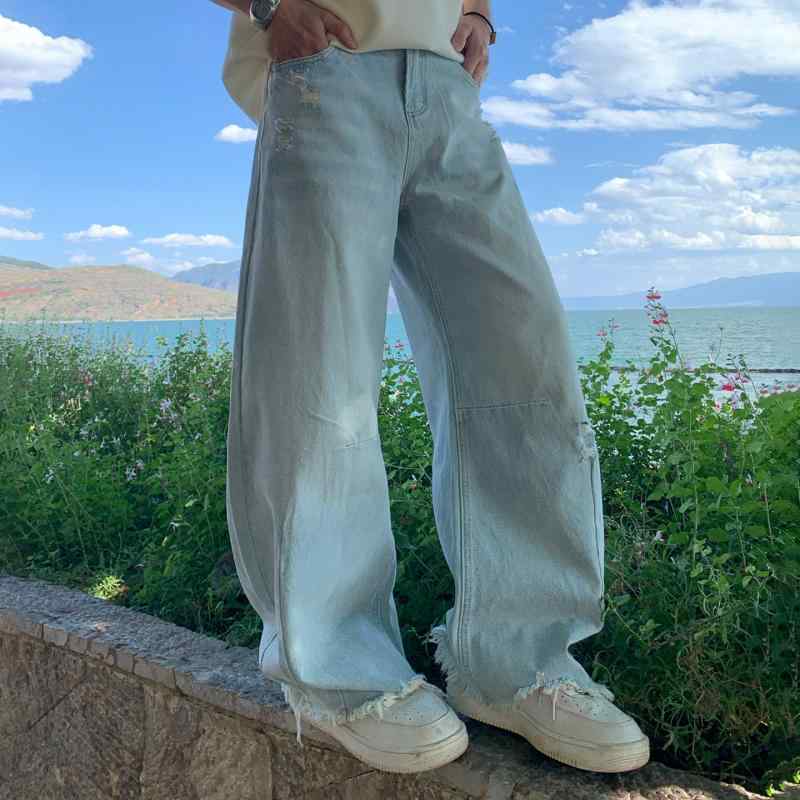 Rakuten - メンズ ファッション 服 男性用 オシャレ シンプル 大人 かっこいい ストリート アメリカン ブルー ジーンズ ロー エッジ ワイドレッグ パンツ