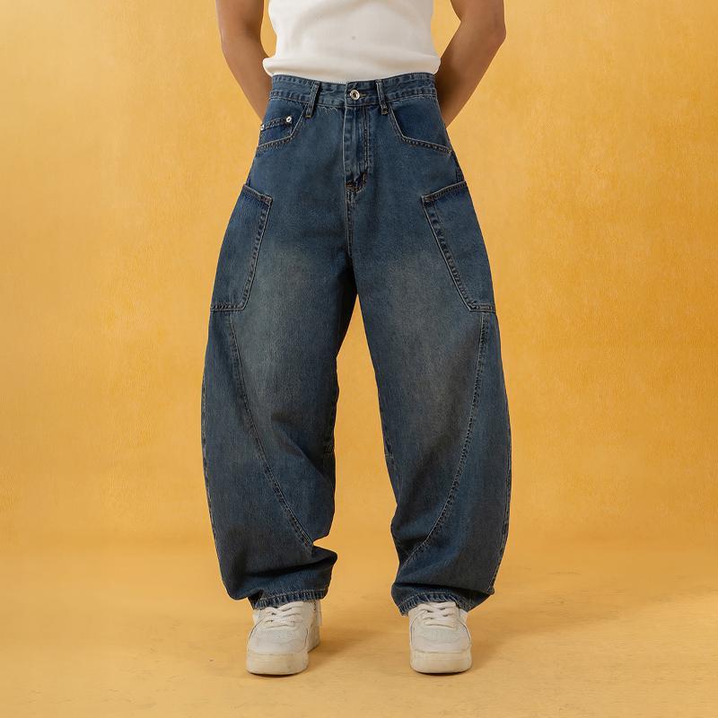 乐天商城 - メンズ ファッション 服 男性用 オシャレ シンプル 大人 かっこいい ストリート ブルー パンツ ポケット ワークウェア ジーンズ ゆったり ワイドレッグ ストレート レトロ ストリート カジュアル