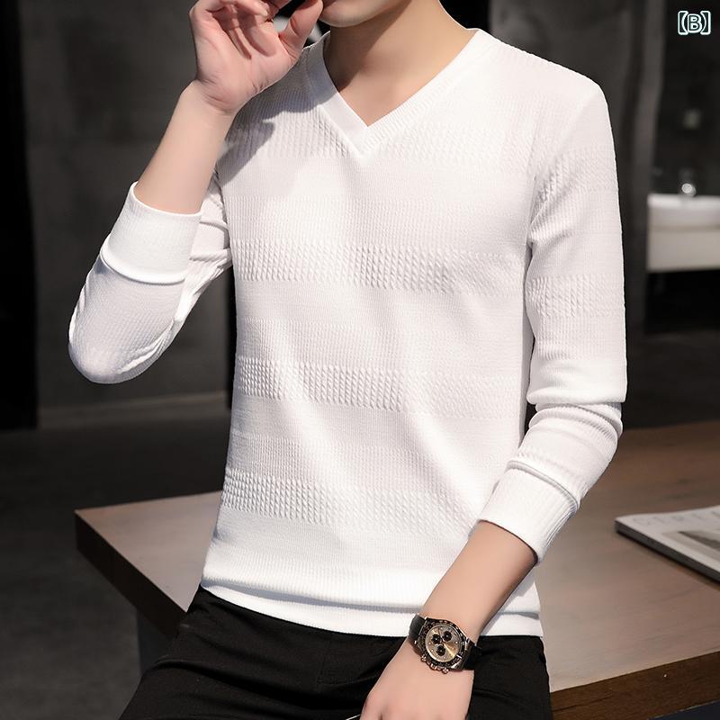 メンズ ファッション 服 男性用 オシャレ シンプル 大人 かっこいい ストリート 長袖 Tシャツ Vネック レイヤリング 韓国スタイル ベルベット スイートハート ネック ニット ボディ ブラッド 無地 スウェットシャツ