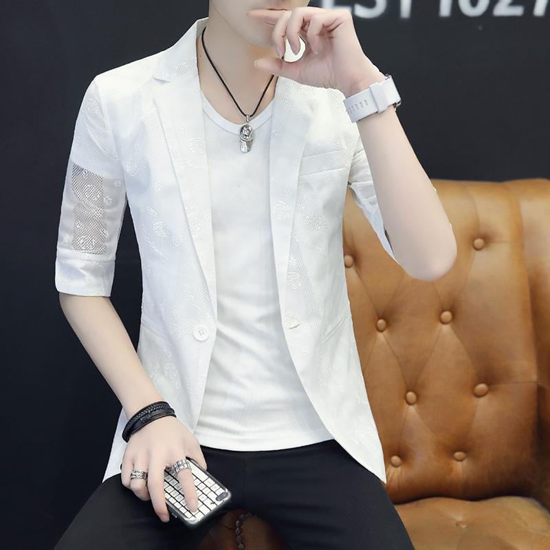 メンズ ファッション 服 男性用 オシャレ シンプル 大人 かっこいい ストリート 男性用 半袖 スーツ 七分袖 軽量 薄手 通気性 日焼け防止 服 韓国スタイル スリムフィット ミドル スリーブ