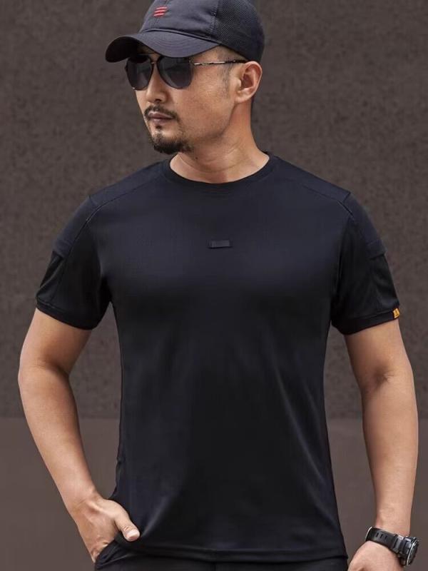 乐天商城 - メンズ ファッション 服 男性用 オシャレ シンプル 大人 かっこいい ストリート 秋コーデ 速乾 シャツ ラウンドネック タクティカル シャツ フィジカル トレーニング スーツ 半袖 アウトドア シャツ