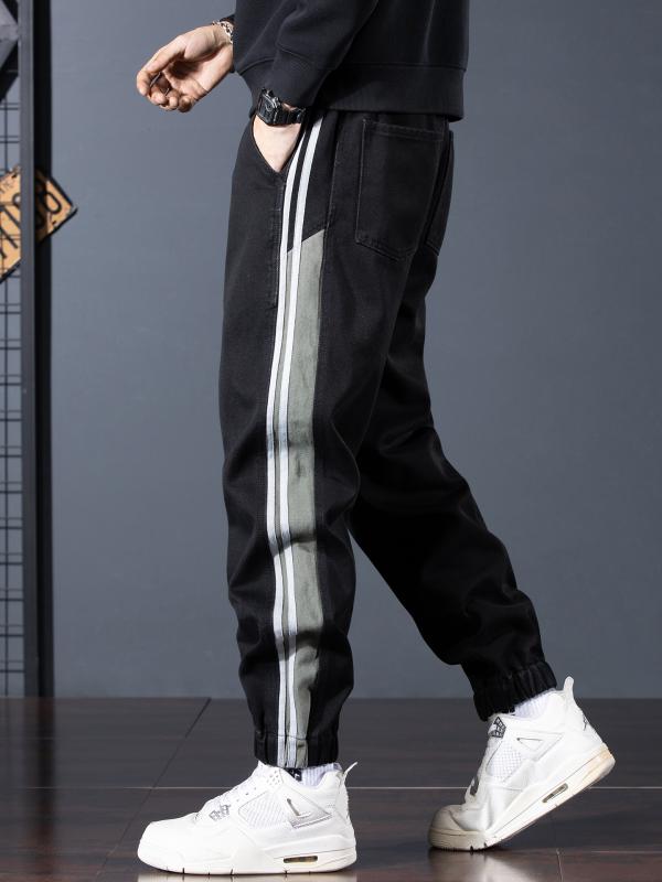 メンズ ファッション 服 男性用 オシャレ シンプル 大人 かっこいい ストリート 秋冬コーデ ブラック ジーンズ アメリカン レトロ パンツ ストライプ カジュアル パンツ クール