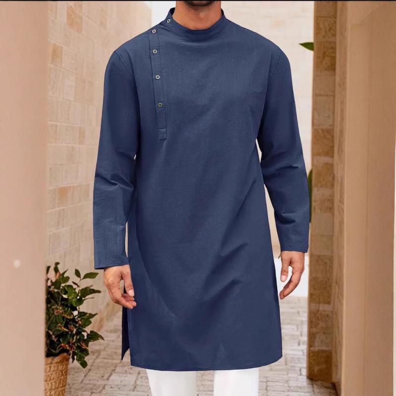 Other Apparel - メンズ ファッション 紳士服 男性用 シャツ コットンリネン ボタン 長袖 中東 アラビア スタイル 涼しい 通気性 ゆったり コットン 麻 混紡 素材 快適 普段使い 礼拝服 イスラム シンプル