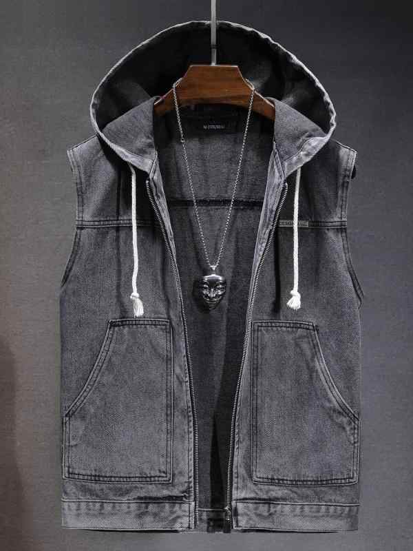 メンズ ファッション 服 男性用 オシャレ シンプル 大人 かっこいい ストリート 秋冬コーデ デニム ベスト ジャケット レトロ ダメージ カジュアル ノースリーブ ベスト ウエスト コート フード付き ワークウェア トップス