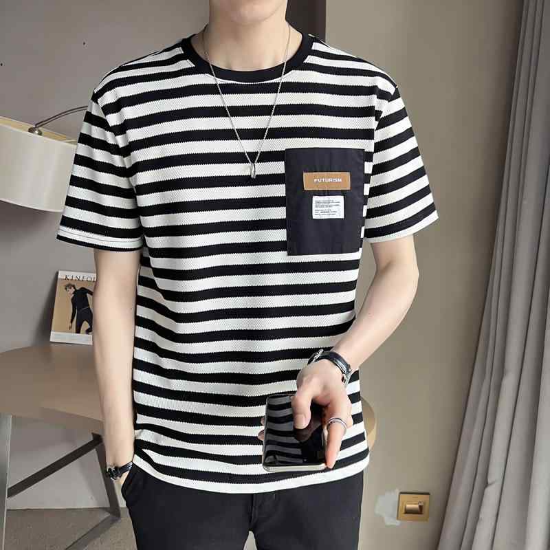 メンズ ファッション 服 男性用 オシャレ シンプル 大人 かっこいい ストリート ストライプ シャツ 半袖 ラウンドネック 綿 シャツ 半袖 トップス(4.0)
