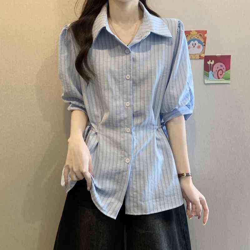 Rakuten - 秋コーデ レディース ファッション 女性用 半袖 シャツ トップス スタイル ウエスト ストライプ シャツ