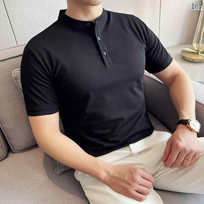 メンズ ファッション 服 男性用 オシャレ シンプル 大人 かっこいい ストリート スタンドカラー ポロ シャツ 半袖 薄手 カジュアル 通気性 スリム シャツ