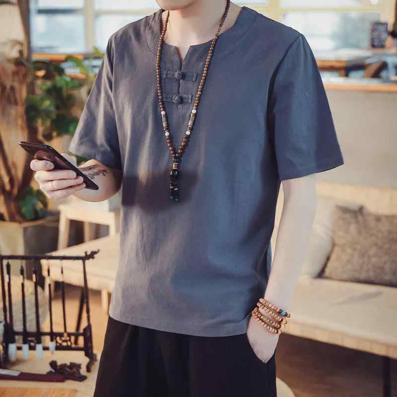 乐天商城 - メンズ ファッション 服 男性用 オシャレ シンプル 大人 かっこいい ストリート コットン リネン 半袖 シャツ レトロ 服 ホーム 服 ボタン付き ティー服 リネン シャツ