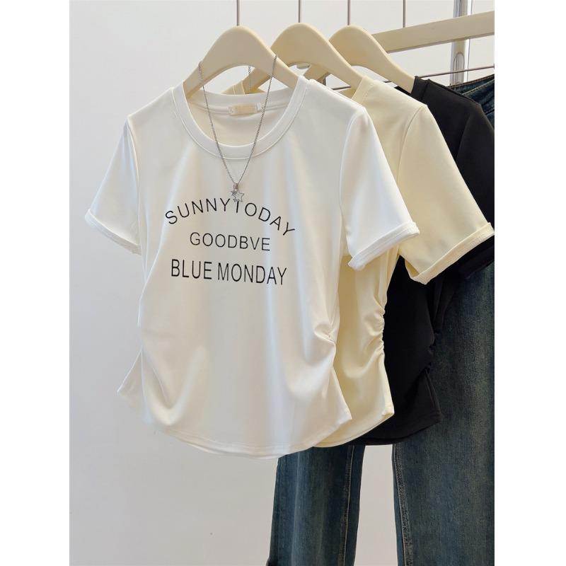 Long-Sleeved - 秋コーデ レディース ファッション スリム ストレート ショルダー 半袖 Tシャツ 大きいサイズ ウエスト お イレギュラー トップス
