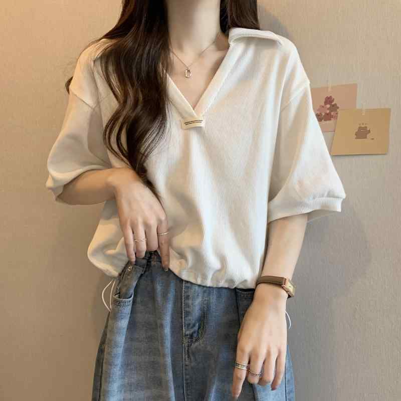 乐天商城 - 秋コーデ レディース ファッション 大きいサイズ ゆったり スリム ショルダー 半袖 Tシャツ Vネック トップス