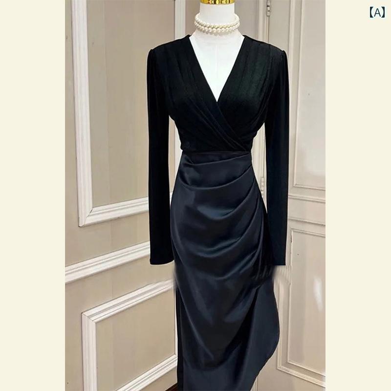 レディース ファッション オシャレアイテム 小物 女性用 シンプル 大人カワイイ 婦人服 フレンチ お姫様 ロング スカート ブラックゴールド ベルベット ドレス