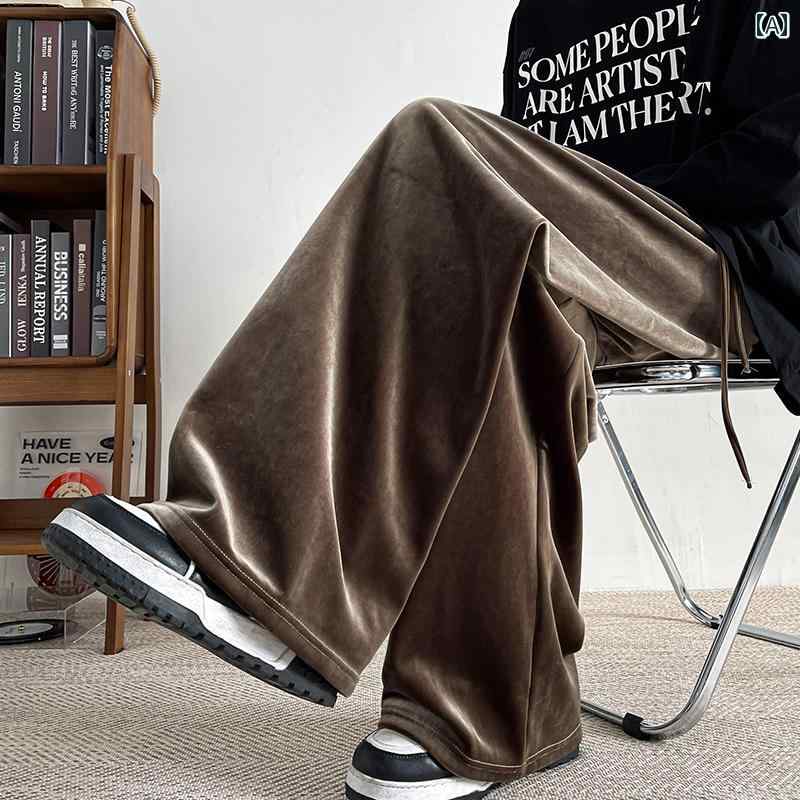 乐天商城 - メンズ ファッション 服 男性用 オシャレ シンプル 大人 かっこいい ストリート ゴールド ベルベット パンツ カジュアル パンツ マイラードウェアアメリカンドレープストレートワイドレッグ パンツ