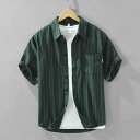 メンズ ファッション 服 男性用 オシャレ シンプル 大人 かっこいい 大きいサイズ ストリート 紳士服 縦 ストライプ リネン 半袖 シャツ サマー カジュアル シャツ レトロ 綿 リネン 半袖 シャツ