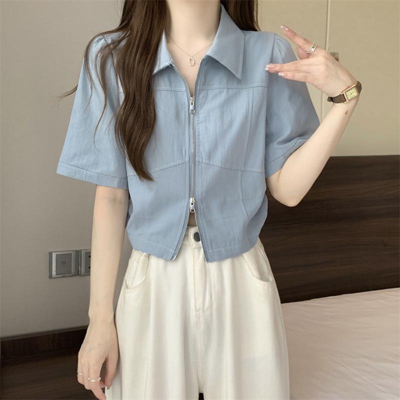 秋コーデ レディース ファッション 大きいサイズ フレンチ ポロ カラー ダブル ジッパー ストレート ショルダー 半袖 シャツ 夏 トップス