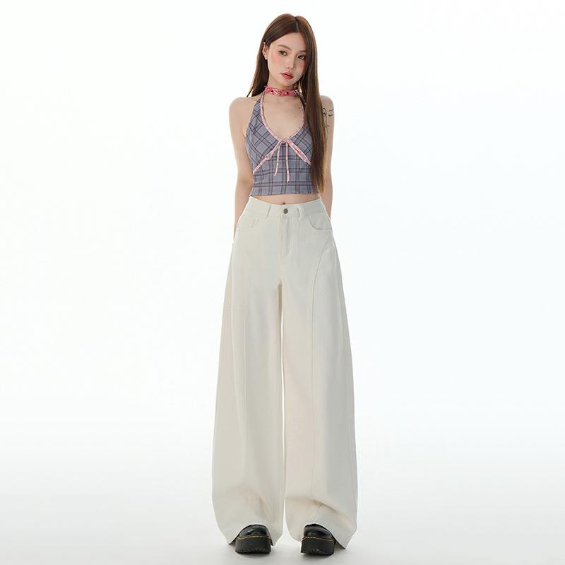 秋コーデ レディース ファッション グレー ホワイト ワイドレッグ ジーンズ 細身 ストリート スタイル ゆったり スリム ストレート パンツ