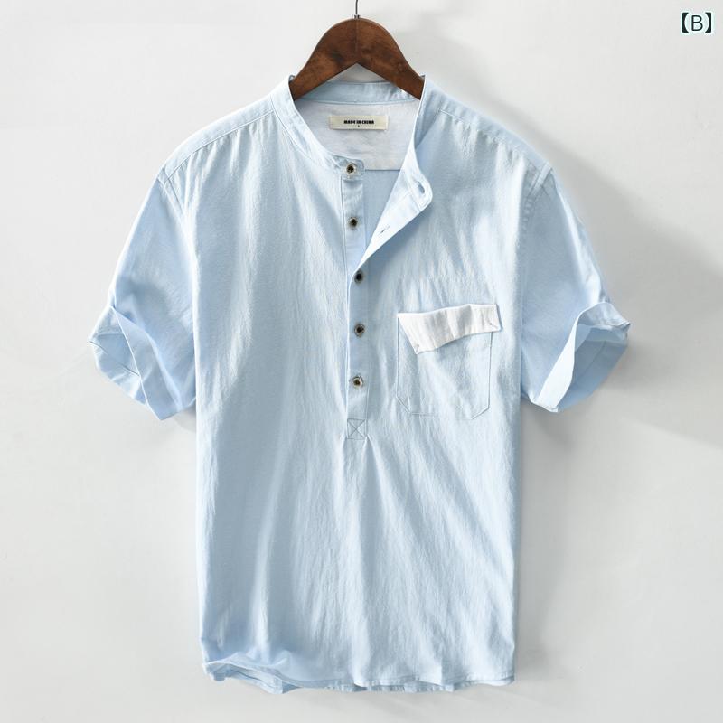 メンズ ファッション 服 男性用 オシャレ シンプル 大人 かっこいい 大きいサイズ ストリート 紳士服 半袖 T シャツ レトロ リネン T シャツ 通気性 Vネック コットン リネン スタンドカラー トップス 薄手