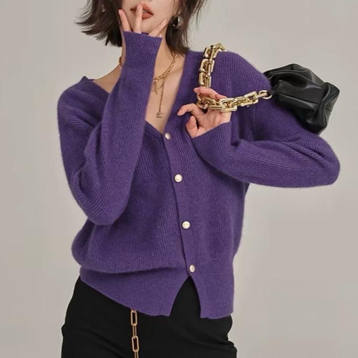 セーター 女性用 紫 Vネック フリース 秋　冬 レディース ゆったり ニット カーディガン 丈 トップス 暖かい 柔らかい ゆったり シルエット コーデ
