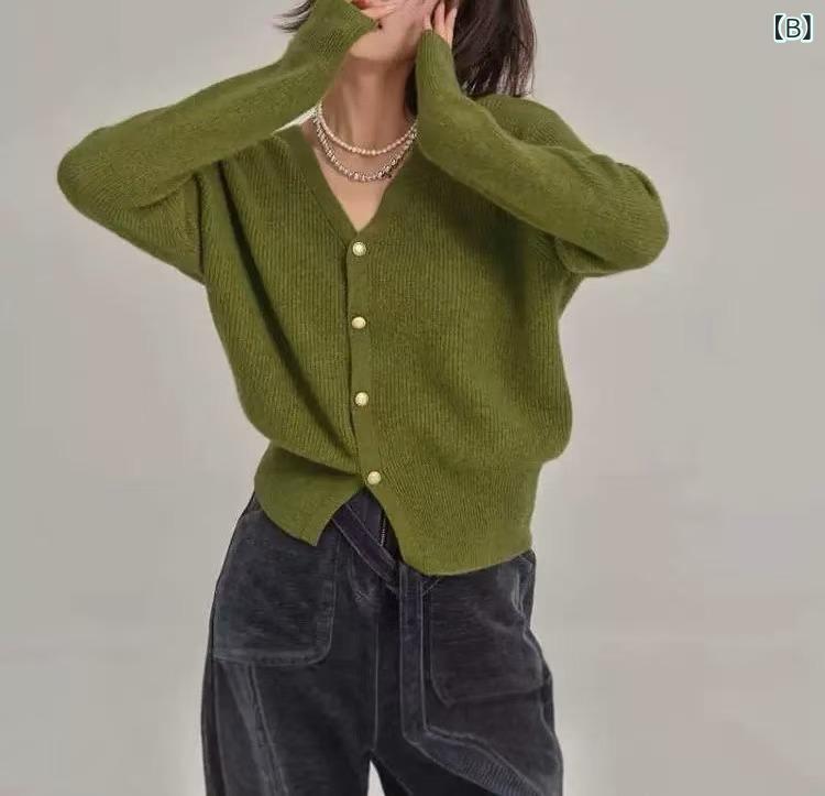 リコットのセーター 女性用 紫 Vネック フリース 秋　冬 レディース ゆったり ニット カーディガン 丈 トップス 暖かい 柔らかい ゆったり シルエット コーデ｜アングル3