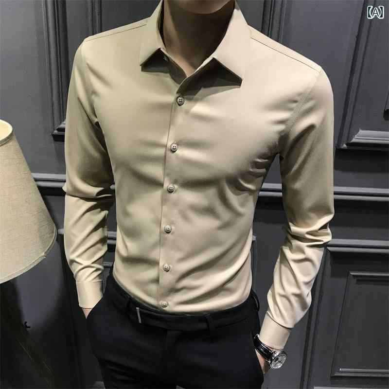 メンズ ファッション 服 男性用 オシャレ シンプル 大人 かっこいい 大きいサイズ ストリート 紳士服 カーキ シャツ 韓国スタイル 長袖 スリム シャツ カジュアル トップス