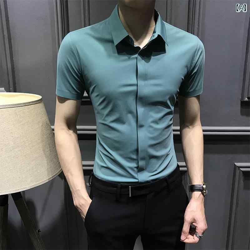 メンズ ファッション 服 男性用 オシャレ シンプル 大人 かっこいい 大きいサイズ ストリート 紳士服 夏 半袖 シームレス シャツ 隠しボタン シャツ カジュアル スリム ビジネス シャツ ブラック 半袖 トップス
