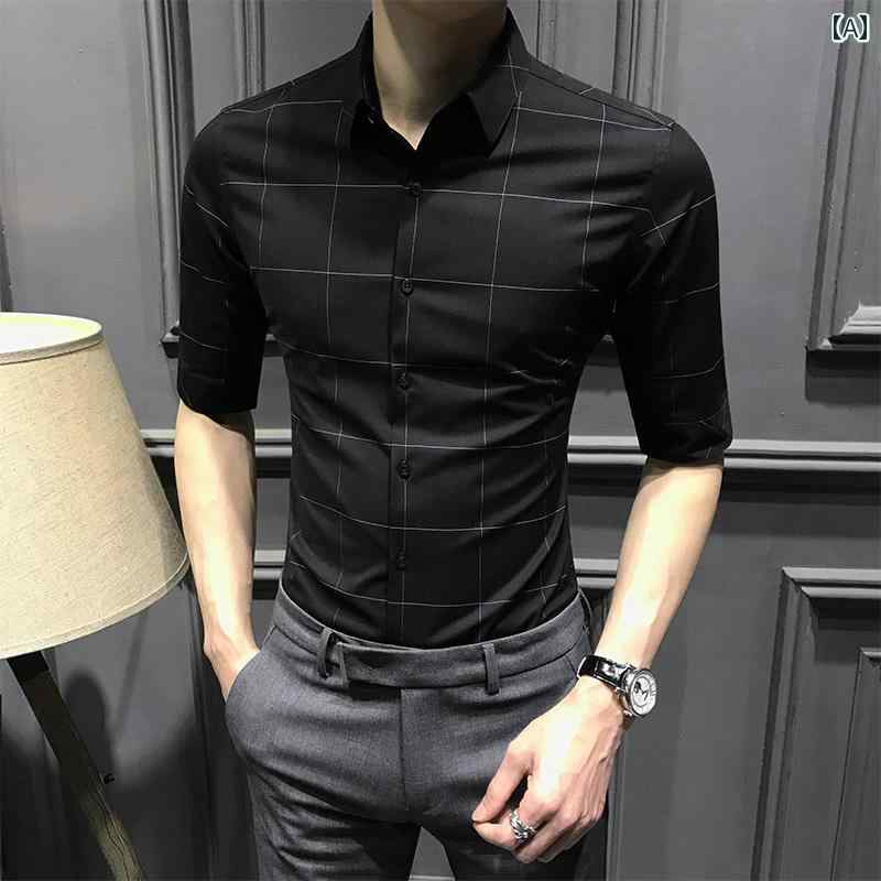 メンズ ファッション 服 男性用 オシャレ シンプル 大人 かっこいい 大きいサイズ ストリート 紳士服 夏 チェック シャツ スタイル ノー アイロン ビジネス シャツ ミッド スリーブ シャツ カジュアル スリム 半袖 トップス