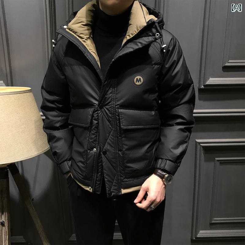 メンズ ファッション 服 男性用 オシャレ シンプル 大人 かっこいい 大きいサイズ ストリート 紳士服 厚手 ダウンジャケット PU ジャケット ハイエンド フード付き アウター