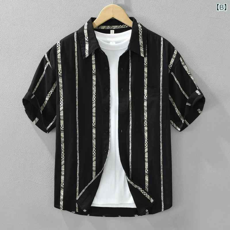 メンズ ファッション 服 男性用 オシャレ シンプル 大人 かっこいい 大きいサイズ ストリート 紳士服 高級 綿 ストライプ 半袖 シャツ 薄手 和風 フレッシュ シャツ 半袖 抗 シワ シャツ トップス