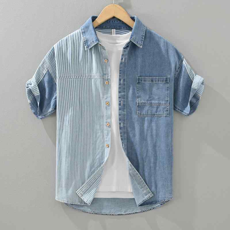 メンズ ファッション 服 男性用 オシャレ シンプル 大人 かっこいい 大きいサイズ ストリート 紳士服 ハイエンド ストライプ デニム 半袖 シャツ 半袖 シャツ