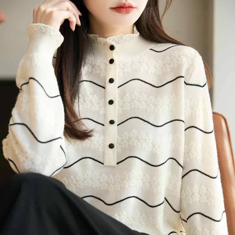 Three-Quarter Knit - レディース 大人 きれいめ シンプル 上品 着回し ベーシック カジュアル ナチュラル ロングシーズン スタイリッシュ 波 模様 ハーフオープンネック ニット セーター 長袖 ボタン ダウン レースベースレイヤー ハイネック セーター