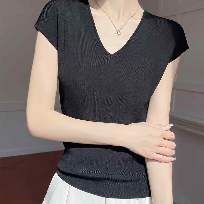 Unisex Casual Wear - レディース 大人 きれいめ シンプル 上品 着回し ベーシック カジュアル ナチュラル ロングシーズン スタイリッシュ Vネック ビーズ 半袖 黒 シャツ シック ニット ウェア 薄手 ベースレイヤー トップス