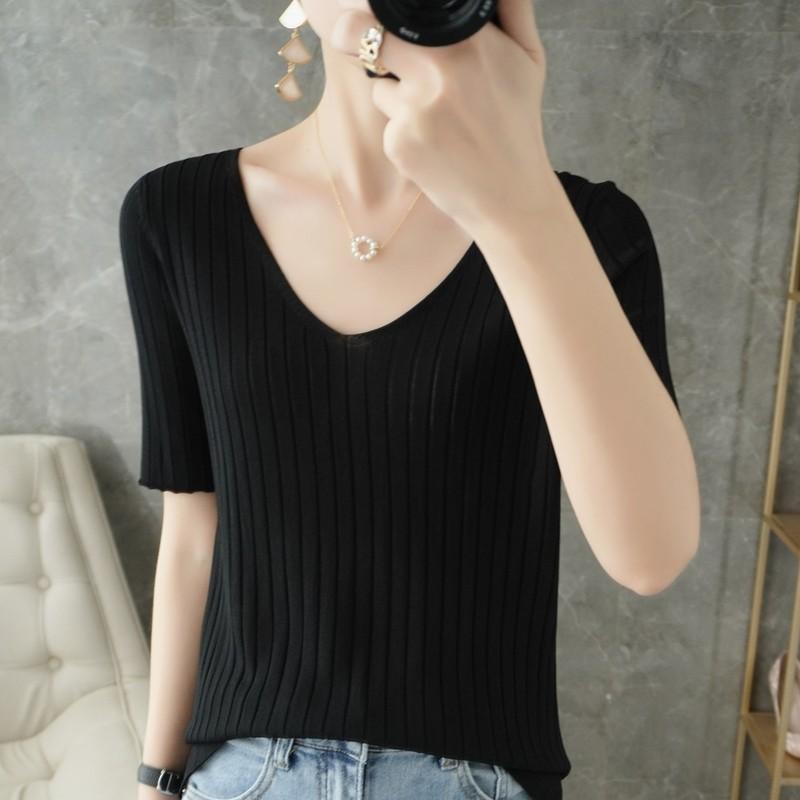 レディース 大人 きれいめ シンプル 上品 着回し ベーシック カジュアル ナチュラル ロングシーズン 半袖 Tシャツ ブラック Vネック ニット ウェア スリミング ローネック トップス