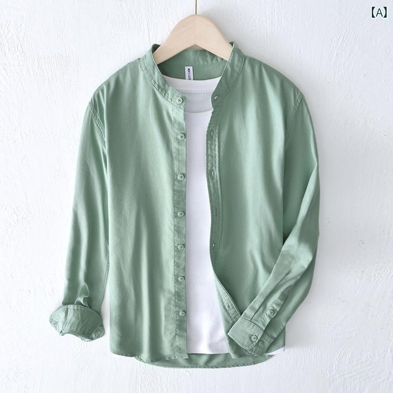 メンズ ファッション 服 男性用 オシャレ シンプル 大人 かっこいい 大きいサイズ ストリート 紳士服 リネン ラウンドネック 長袖 シャツ リネン ホワイト コットン リネン スタンドカラー シャツ トップス 夏