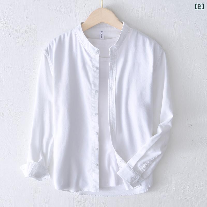 メンズ ファッション 服 男性用 オシャレ シンプル 大人 かっこいい 大きいサイズ ストリート 紳士服 リネン ラウンドネック 長袖 シャツ リネン ホワイト コットン リネン スタンドカラー シャツ トップス 夏