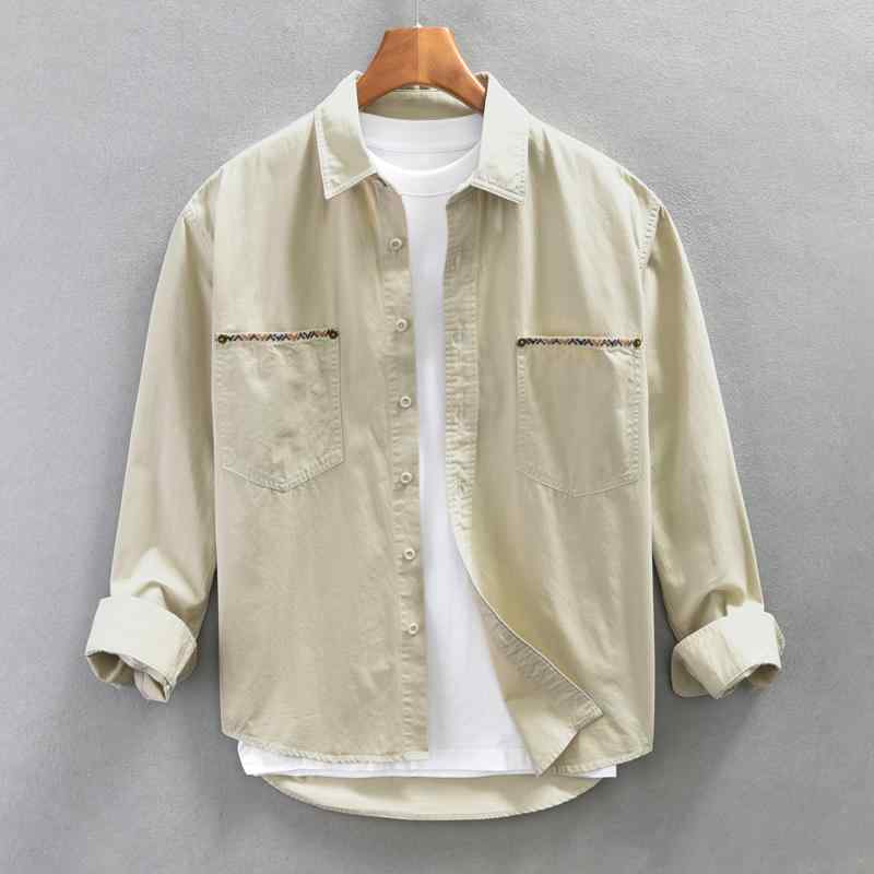 メンズ ファッション 服 男性用 オシャレ シンプル 大人 かっこいい 大きいサイズ ストリート 紳士服 レトロ ワークウェア 刺繍 長袖 シャツ カジュアル トップス コットンシャツ ジャケット