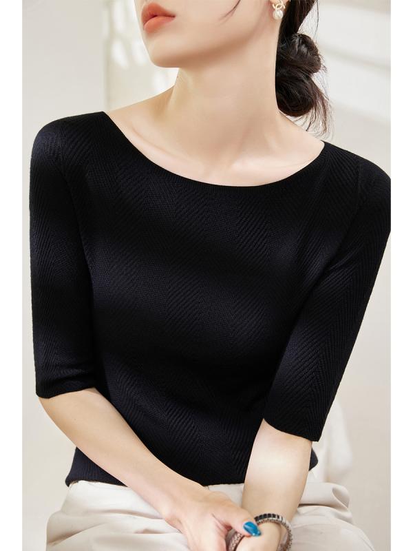 Rakuten - レディース 大人 きれいめ シンプル 上品 着回し ベーシック カジュアル ナチュラル ロングシーズン ウール ベースレイヤートップブラック オフショルダー ヘリンボーン ミドル スリーブ ニット セーター
