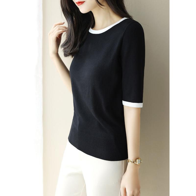 春コーデ レディース 大人 きれいめ シンプル 上品 着回し ベーシック カジュアル ナチュラル ロングシーズン カラーブロックローネック ニット ベースレイヤー Tシャツ ブラックスリミングミッドスリーブトップ 薄手