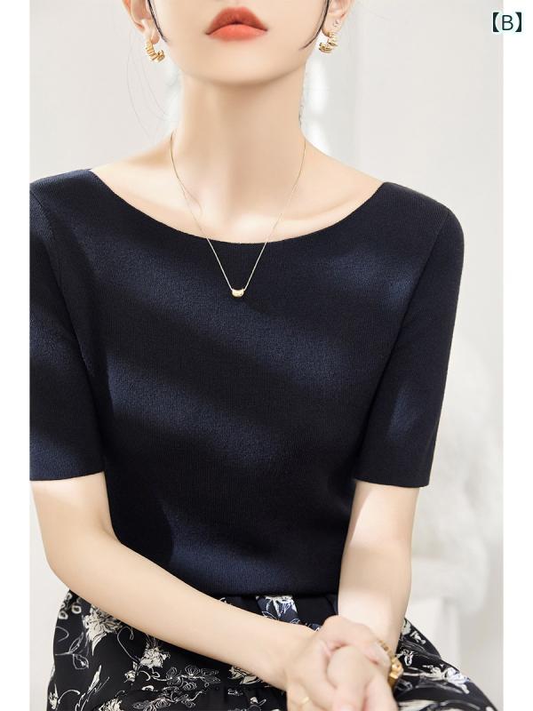 レディース 大人 きれいめ シンプル 上品 着回し ベーシック カジュアル ナチュラル ロングシーズン ブラック スリムフィット 半袖 ニット トップス 無地 フレンチ スタイル オフショルダー Tシャツ