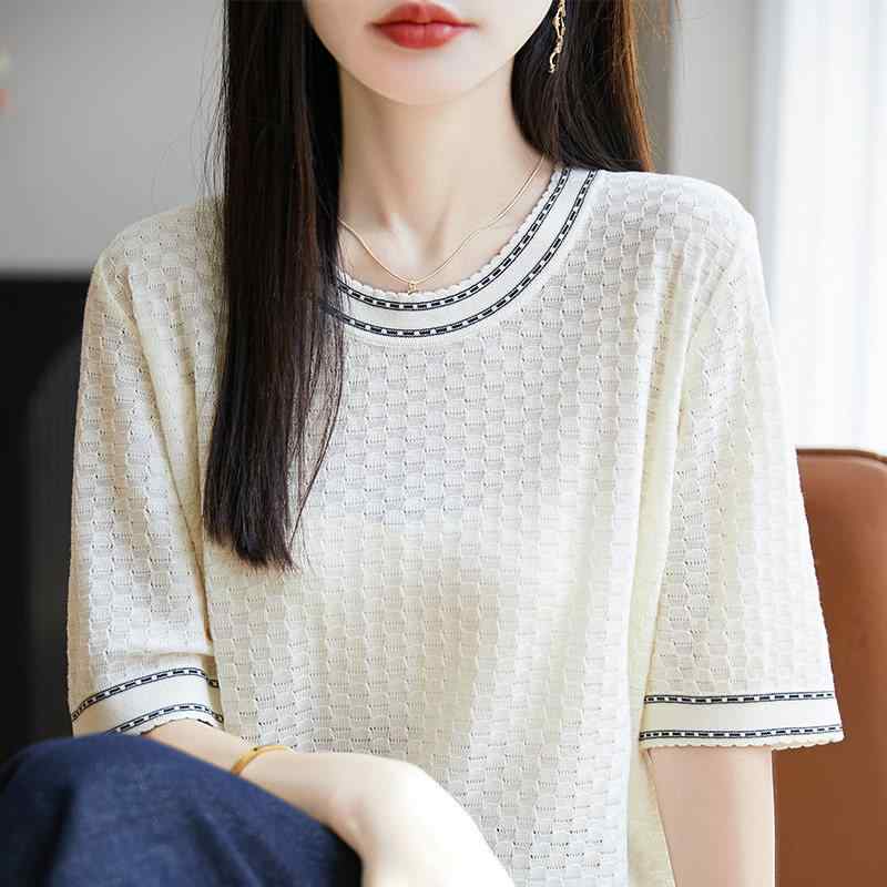 レディース 大人 きれいめ シンプル 上品 着回し ベーシック カジュアル ナチュラル ロングシーズン カジュアル ローカットオフホワイト ラウンドネック テンセル ニット 半袖 Tシャツ 薄手 軽量 生地