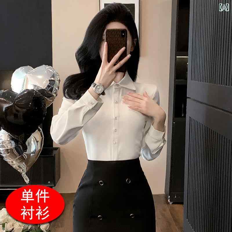 秋服 レディース ファッション オシャレ カワイイ シンプル 大人カワイイ 大きいサイズ 白 シフォン シャツ 通勤 ウェア 長袖 スクエアネック シャツ スーツ スタイル 2
