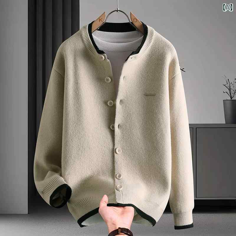 秋　冬コーデ メンズ ファッション 服 男性用 オシャレ シンプル 大人 かっこいい ストリート ニット カーディガン ジャケット フェイクツーピース コントラストカラーエッジ セーター 無地 ラウンドネック カジュアル セーター