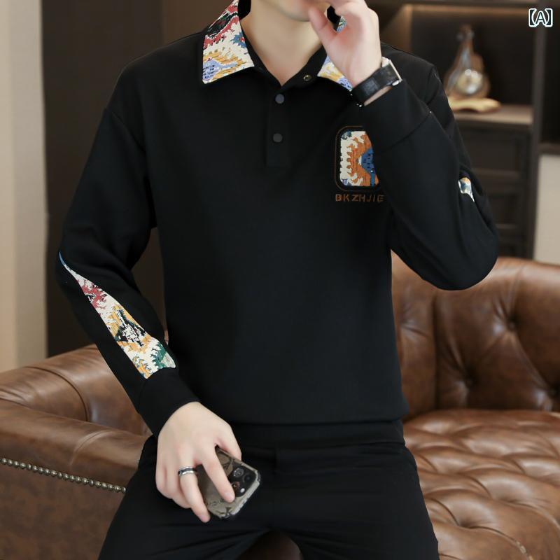 秋　冬コーデ メンズ ファッション 服 男性用 オシャレ シンプル 大人 かっこいい ストリート スウェット シャツ フェイクツーピース 長袖 シャツ 襟 レトロ シャツ