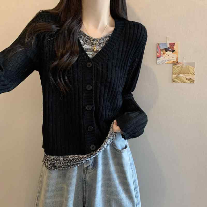 シック フェイクツーピース ニット ベース レイヤー トップス レディース スリムウエスト トップス